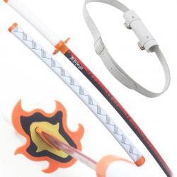 Demon Slayer Katana en Bois Kyojuro Rengoku Epee Kimetsu No Yaiba Sabre + Ceinturon Blanc Porte Epee