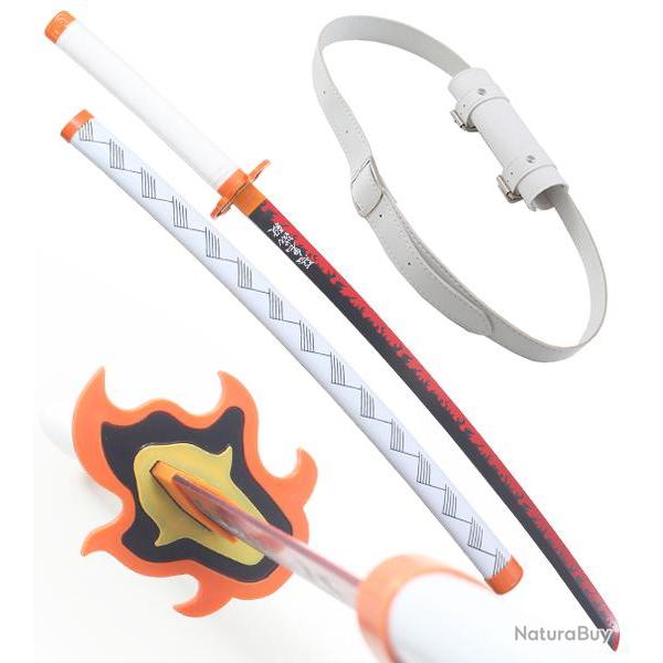 Demon Slayer Katana en Bois Kyojuro Rengoku Epee Kimetsu No Yaiba Sabre + Ceinturon Blanc Porte Epee