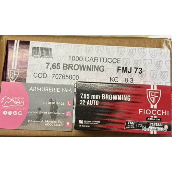 CARTON de 20 boites de 50 munitions Fiocchi 7.65 Browning 73 gr FMJ LIV GRATIS