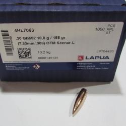 Sachet de 100 Ogives Lapua , cal 30, 155 grains OTM Scenar HPBT