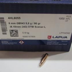 Sachet de 100 Ogives Lapua , cal 6mm 90 grains OTM Scenar L HPBT