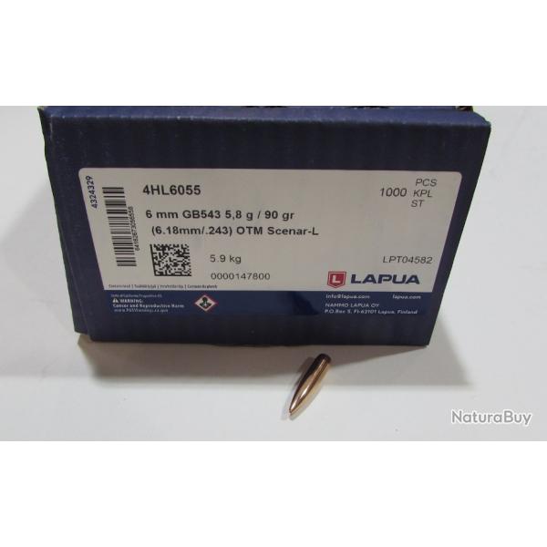 Sachet de 100 Ogives Lapua , cal 6mm 90 grains OTM Scenar L HPBT