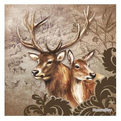 Broche Ancienne En Celluloid – Forêt Avec Couple De Cerfs Et Biches – Bon état