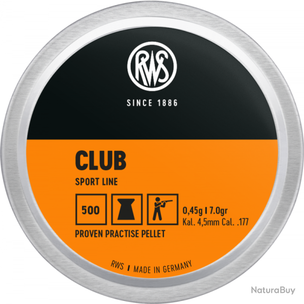 Plombs RWS CLUB , calibre 4.5 mm 0.45g par 1 boite ( 500 plombs )