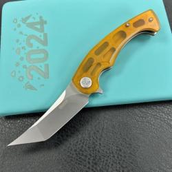 Couteau Kubey Scimitar Yellow Manche Ultem Lame Tanto Acier 14C28N IKBS Linerlock Clip KUB175C