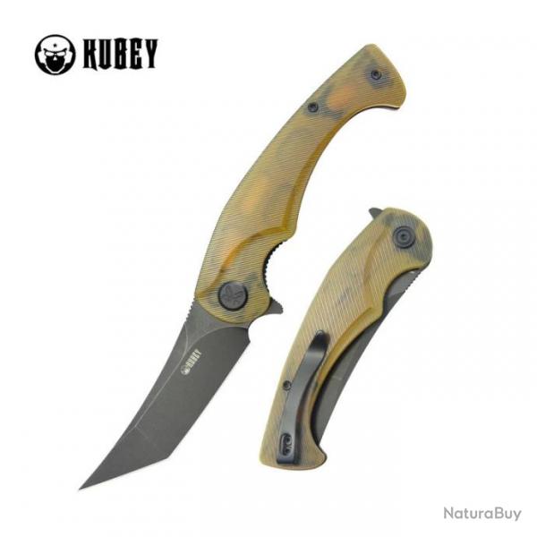 Couteau Kubey Scimitar Yellow Manche Ultem Lame Tanto Acier 14C28N BLK IKBS Linerlock Clip KUB175D