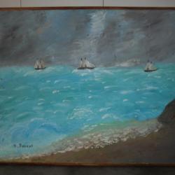 TABLEAU PEINTURE MARINE BORD de MER BATEAU VOILIER TEMPÊTE SIGNÉ 68cm x 57cm