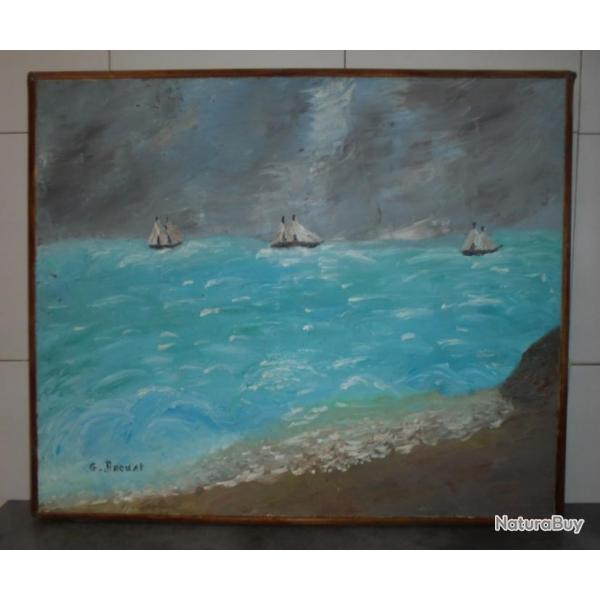 TABLEAU PEINTURE MARINE BORD de MER BATEAU VOILIER TEMPTE SIGN 68cm x 57cm