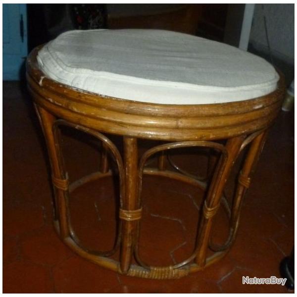 VINTAGE ANCIEN TABOURET SIEGE POUF en ROTIN avec son COUSSIN