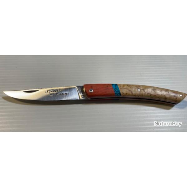 Couteau LE THIERS par LE SABOT, INSERT TURQUOISE, BOULEAU DE FINLANDE, intercalaire G10.