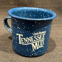 Superbe tasse émaillée bleue moucheté blanc de cowboy Jack Daniel's Tennessee Mud avec recette