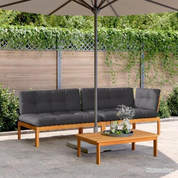 Salon palette de jardin avec coussins 3pcs bois d'acacia massif