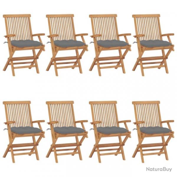 Chaises de jardin avec coussins gris lot de 8 Bois teck massif