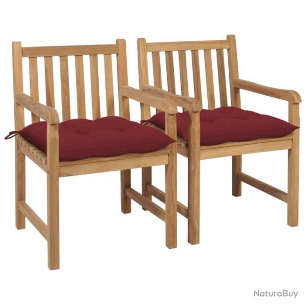 Chaises de jardin 2 pcs avec coussins bordeaux Teck massif