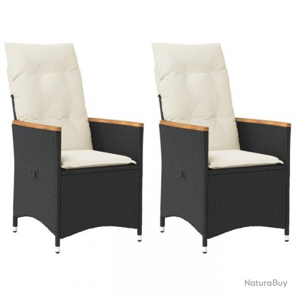 Chaises inclinables de jardin lot de 2 et coussins noir rotin