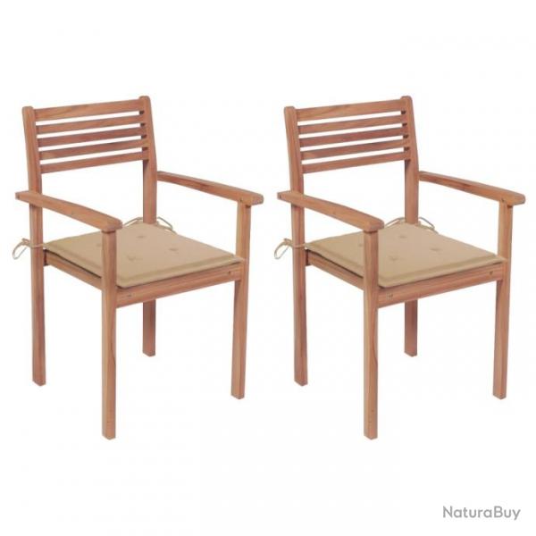 Chaises de jardin 2 pcs avec coussins beige Bois de teck massif