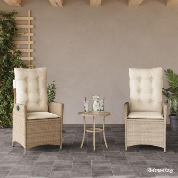 Chaises inclinables de jardin lot de 2 et coussins beige rotin