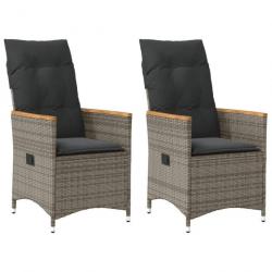 Chaises inclinables de jardin lot de 2 et coussins gris rotin