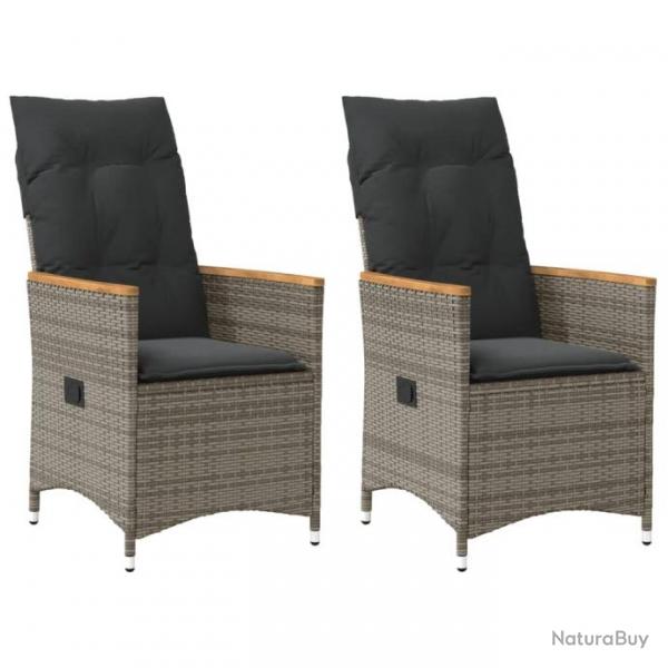 Chaises inclinables de jardin lot de 2 et coussins gris rotin