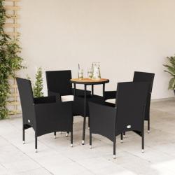 Ensemble à manger de jardin et coussins 5 pcs noir rotin acacia