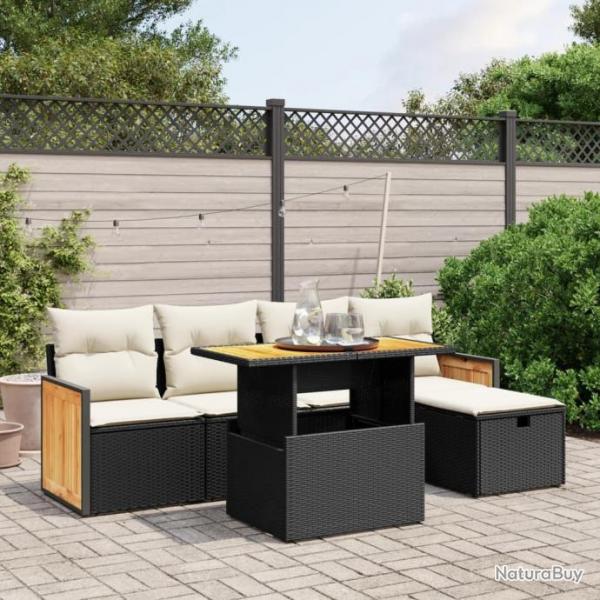 Salon de jardin 6 pcs avec coussins noir rsine tresse