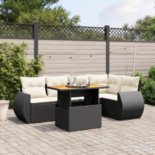 Salon de jardin 6 pcs avec coussins noir rsine tresse