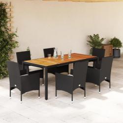 Ensemble à manger de jardin et coussins 7pcs noir rotin acacia