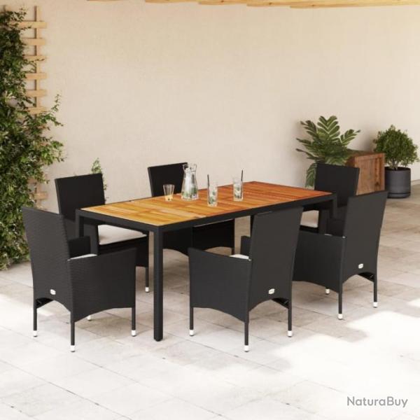 Ensemble  manger de jardin et coussins 7pcs noir rotin acacia