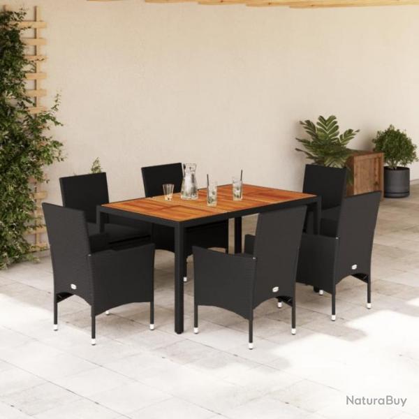 Ensemble  manger de jardin et coussins 7pcs noir rotin acacia