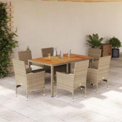 Ensemble à manger de jardin et coussins 7pcs beige rotin acacia