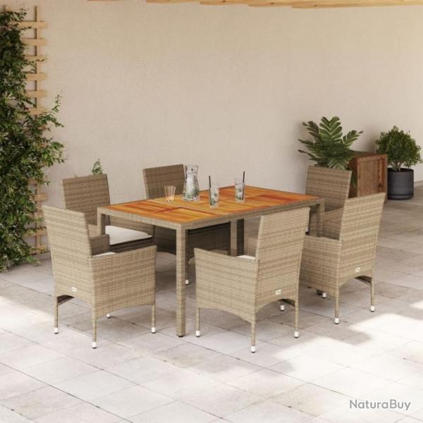 Ensemble  manger de jardin et coussins 7pcs beige rotin acacia