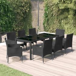 Ensemble à manger jardin 9pcs et coussins noir résine tressée