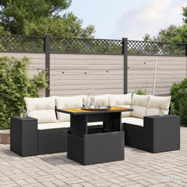 Salon de jardin 6 pcs avec coussins noir rsine tresse