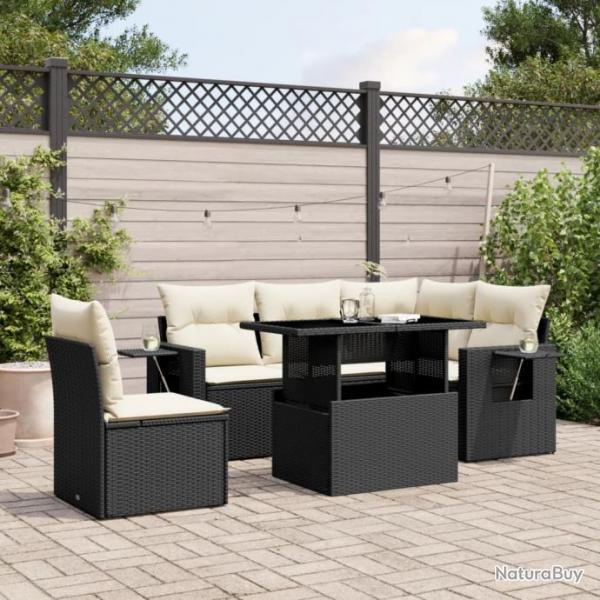 Salon de jardin 6 pcs avec coussins noir rsine tresse