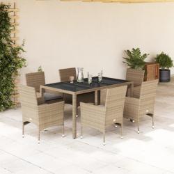 Ensemble à manger de jardin et coussins 7 pcs beige rotin verre