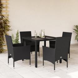 Ensemble à manger de jardin et coussins 5 pcs noir rotin verre