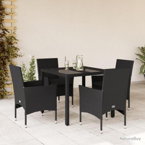 Ensemble  manger de jardin et coussins 5 pcs noir rotin verre