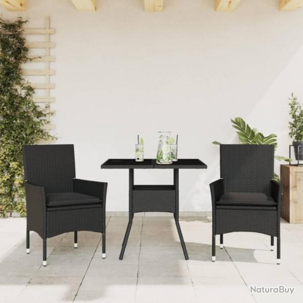 Ensemble  manger de jardin et coussins 3 pcs noir rotin verre