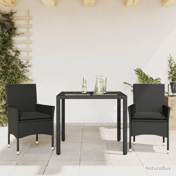 Ensemble  manger de jardin et coussins 3 pcs noir rotin verre