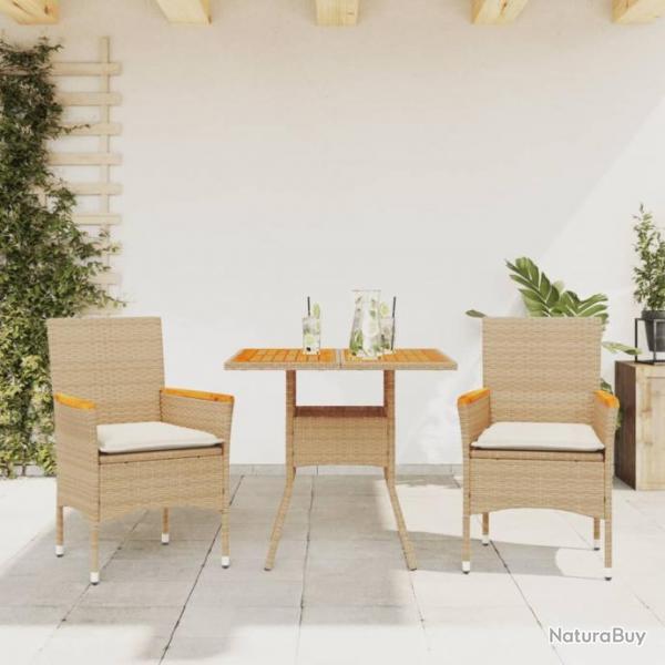 Ensemble  manger de jardin et coussins 3pcs beige rotin acacia