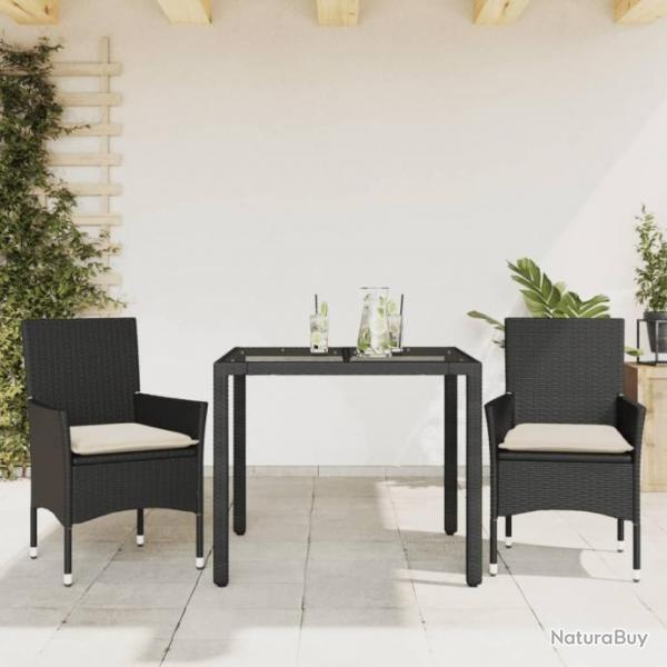 Ensemble  manger de jardin et coussins 3 pcs noir rotin verre