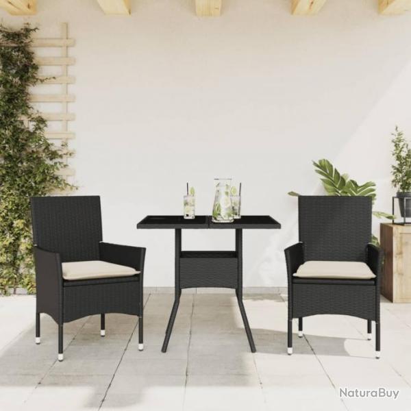 Ensemble  manger de jardin et coussins 3 pcs noir rotin verre