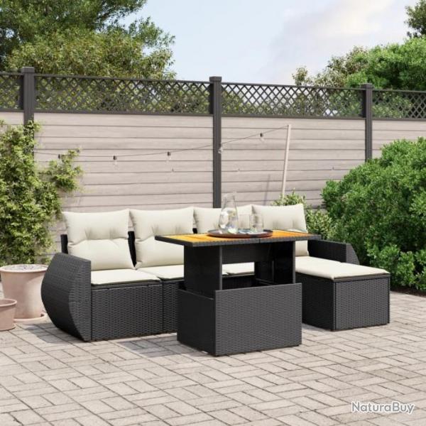 Salon de jardin 6 pcs avec coussins noir rsine tresse