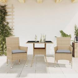 Ensemble à manger de jardin et coussins 3 pcs beige rotin verre