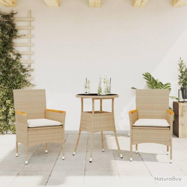 Ensemble  manger de jardin et coussins 3 pcs beige rotin verre