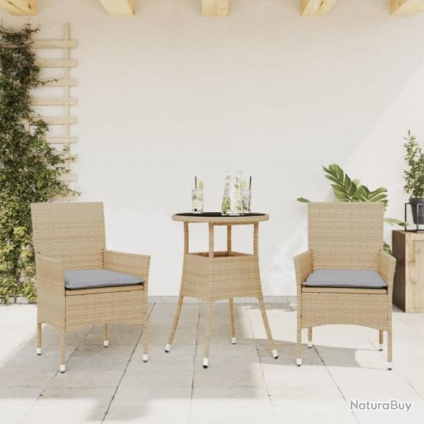 Ensemble  manger de jardin et coussins 3 pcs beige rotin verre