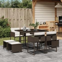 Ensemble à manger de jardin et coussins 9 pcs marron poly rotin