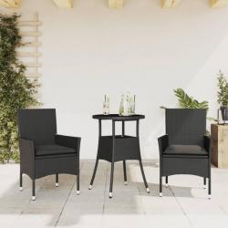 Ensemble à manger de jardin et coussins 3 pcs noir rotin verre