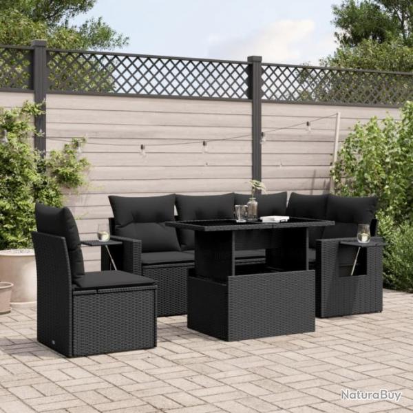 Salon de jardin 6 pcs avec coussins noir rsine tresse