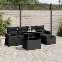 Salon de jardin 6 pcs avec coussins noir résine tressée